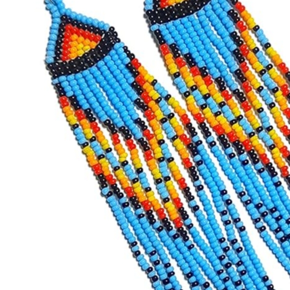 Long 7.5" Turquoise Blue Beaded Fringe Dangle Earrings Native American Style New - Picture 2 of 5